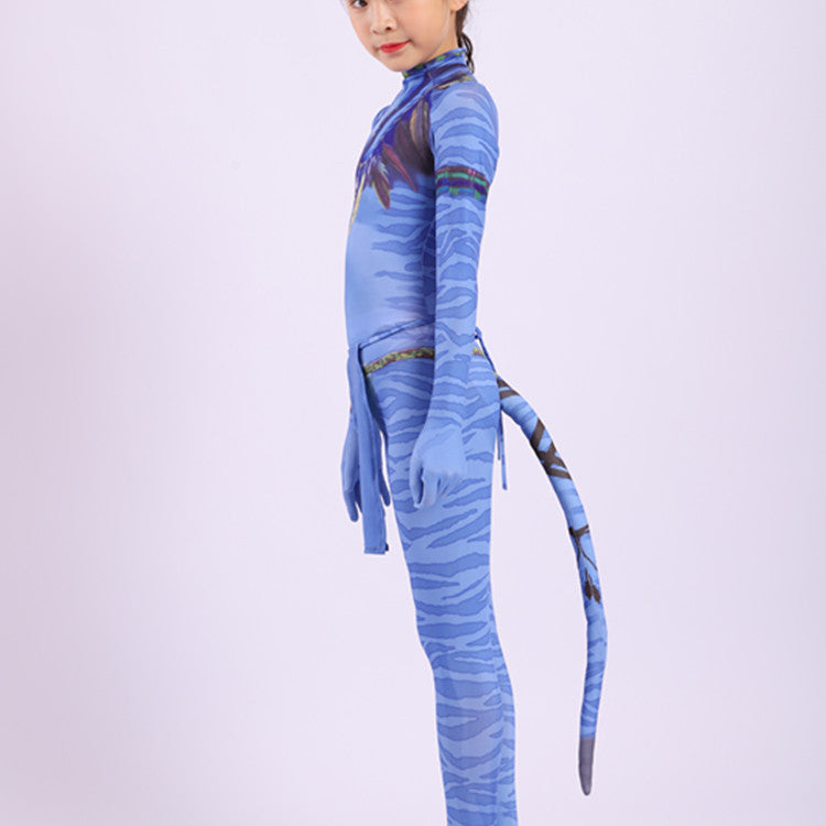 Kids Neytiri and Jake Sully Costume The Way of Water Jumpsuit Tight Bodysuit with Tail for Halloween