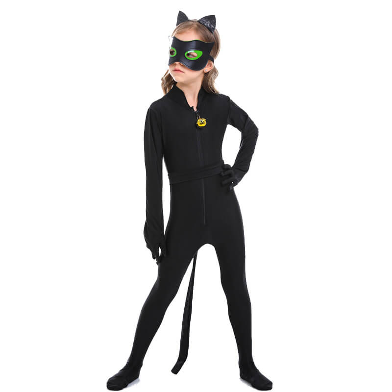 Kids Cat Noir Costume Halloween Cosplay Jumpsuit Headband Eye Mask Full Set for Boys and Grils