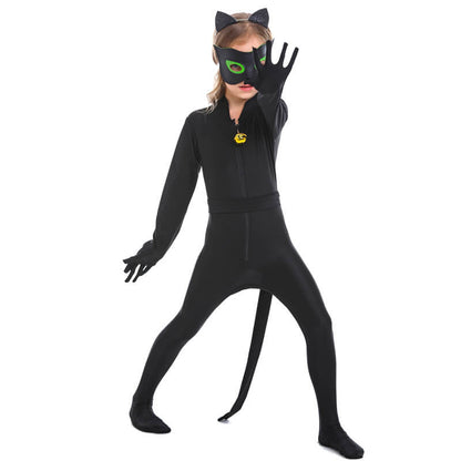 Kids Cat Noir Costume Halloween Cosplay Jumpsuit Headband Eye Mask Full Set for Boys and Grils