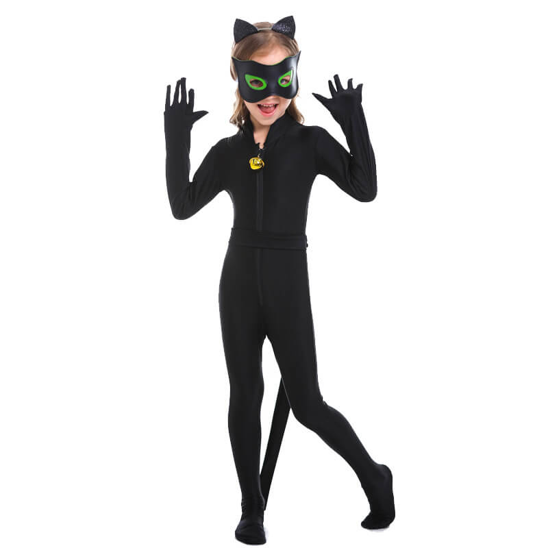 Kids Cat Noir Costume Halloween Cosplay Jumpsuit Headband Eye Mask Full Set for Boys and Grils