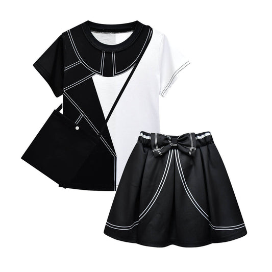 Toddler Girls Cruella Costume Tees Skirt Bag 3pcs Suit Black White Color Matching T-shirt and Dress