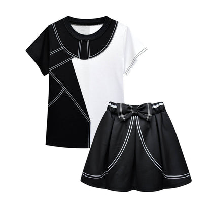 Toddler Girls Cruella Costume Tees Skirt Bag 3pcs Suit Black White Color Matching T-shirt and Dress
