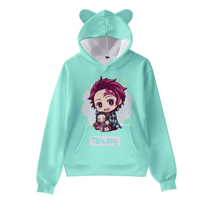 Kids Cat Ear Hoodies Anime 3D printing Tanjiro Nezuko Giyu Cosplay Shirts