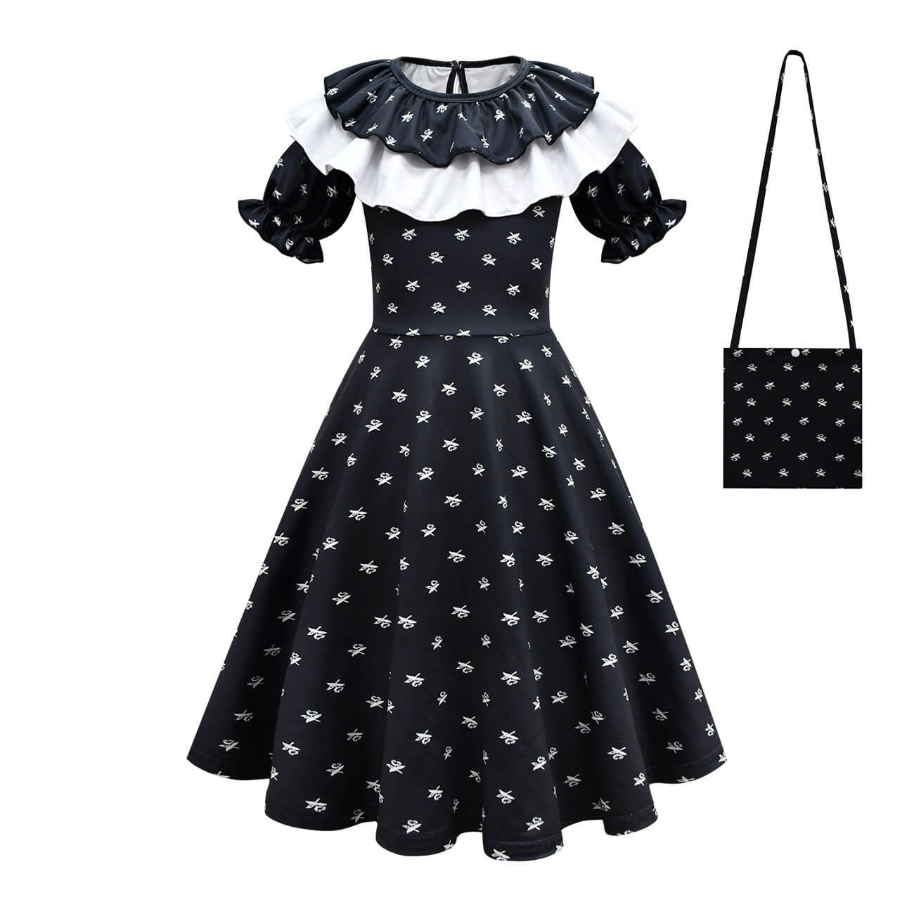 Wednesday Addams Dress Girls Wednesday Costume with Wig Gloves Bag for Cosplay
