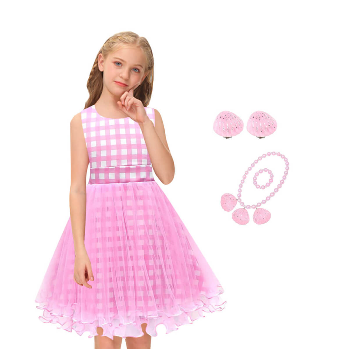 Girls Pink Dress Plaid Lace Ball Gown Party Costume with Accessories for Age 2T-8