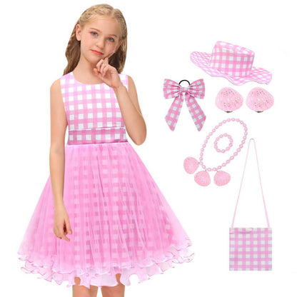 Girls Pink Dress Plaid Lace Ball Gown Party Costume with Accessories for Age 2T-8