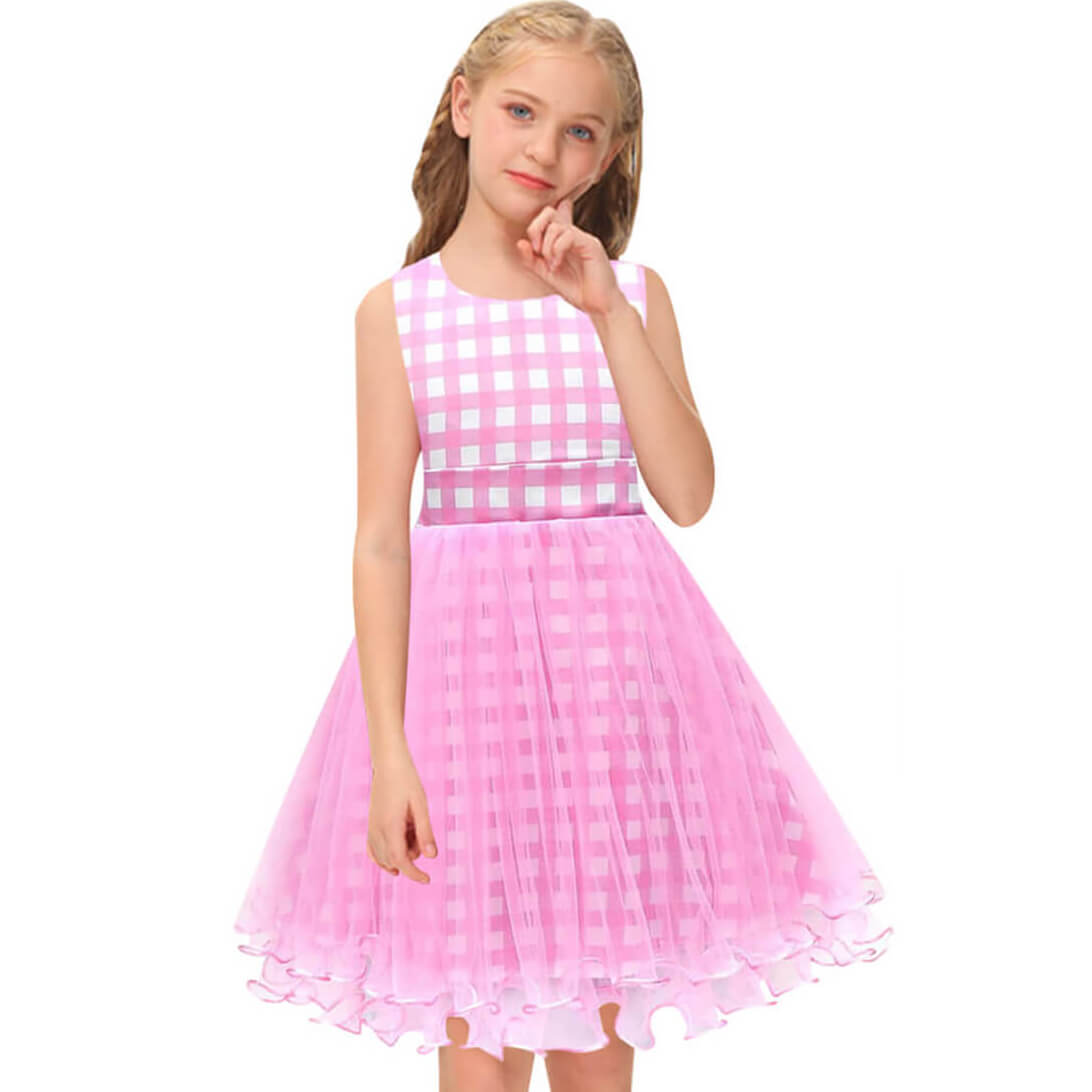 Girls Pink Dress Plaid Lace Ball Gown Party Costume with Accessories for Age 2T-8