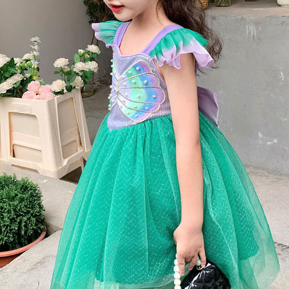 Kids Little Mermaid Dress Princess Ariel Cosplay Costume Flying Sleeve Multi-layered Tutu Dress