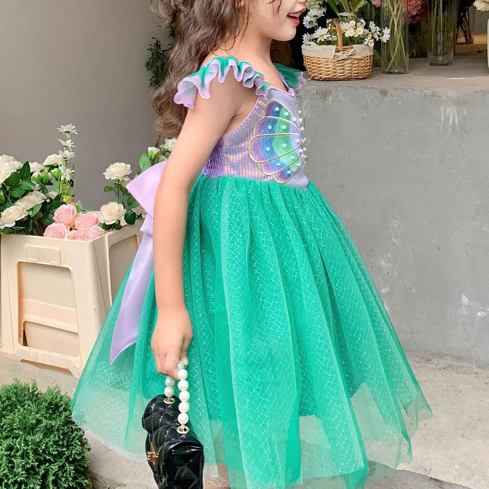 Kids Little Mermaid Dress Princess Ariel Cosplay Costume Flying Sleeve Multi-layered Tutu Dress