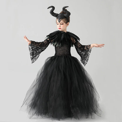 Girls Witch Costume Black Devil Dress With Feather Cape and Horns Headband for Halloween Cosplay