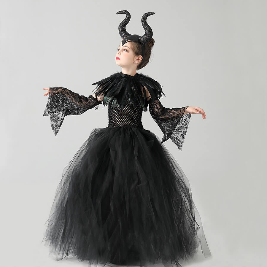 Girls Witch Costume Black Devil Dress With Feather Cape and Horns Headband for Halloween Cosplay