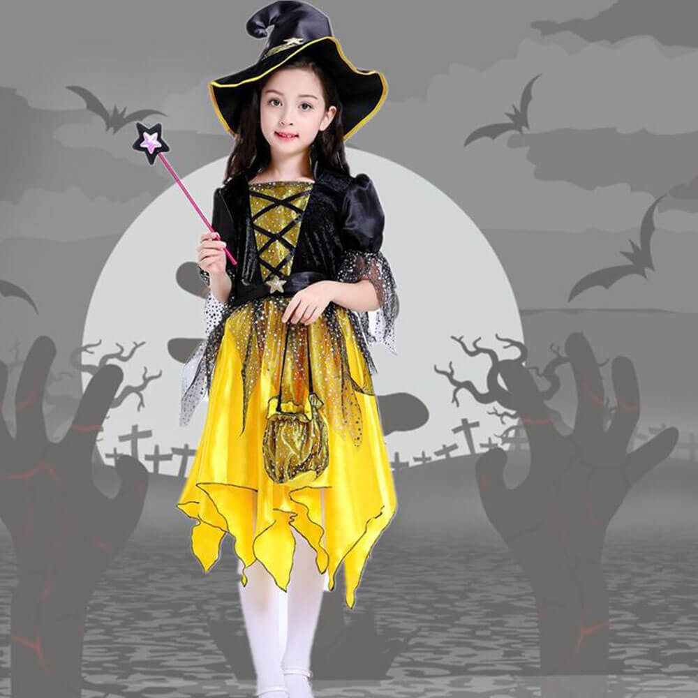 Girls Halloween Cosplay Costume Witch Dress Hat Candy Bag and Magic Stick Sets for Role Play