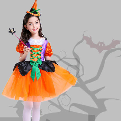 Girls Halloween Cosplay Costume Witch Dress Hat Candy Bag and Magic Stick Sets for Role Play