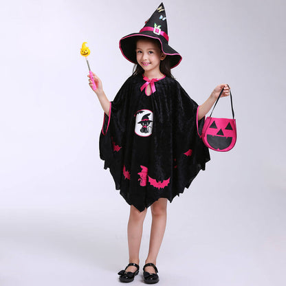 Girls Halloween Cosplay Costume Witch Dress Hat Candy Bag and Magic Stick Sets for Role Play