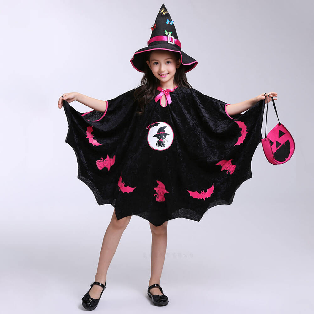 Girls Halloween Cosplay Costume Witch Dress Hat Candy Bag and Magic Stick Sets for Role Play