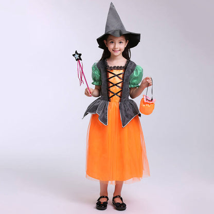 Girls Halloween Cosplay Costume Witch Dress Hat Candy Bag and Magic Stick Sets for Role Play