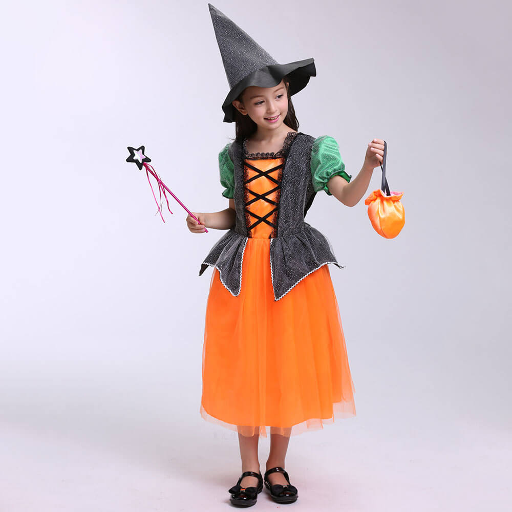 Girls Halloween Cosplay Costume Witch Dress Hat Candy Bag and Magic Stick Sets for Role Play