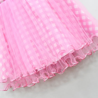 Girls Pink Dress Plaid Lace Ball Gown Party Costume with Accessories for Age 2T-8