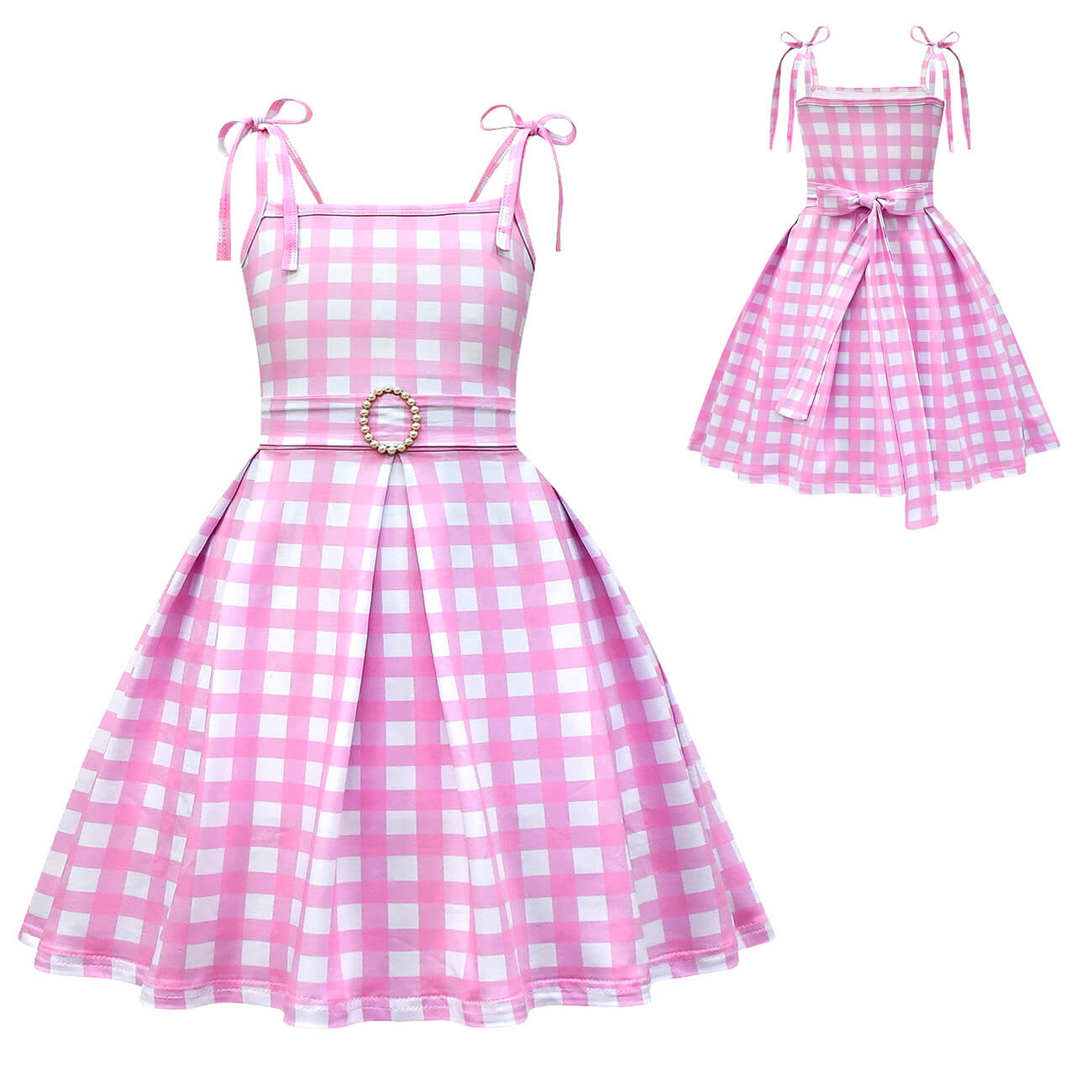 Girls Pink Plaid Dress with Hat Bag and Jewelry Kids Cosplay Outfit for Halloween Party