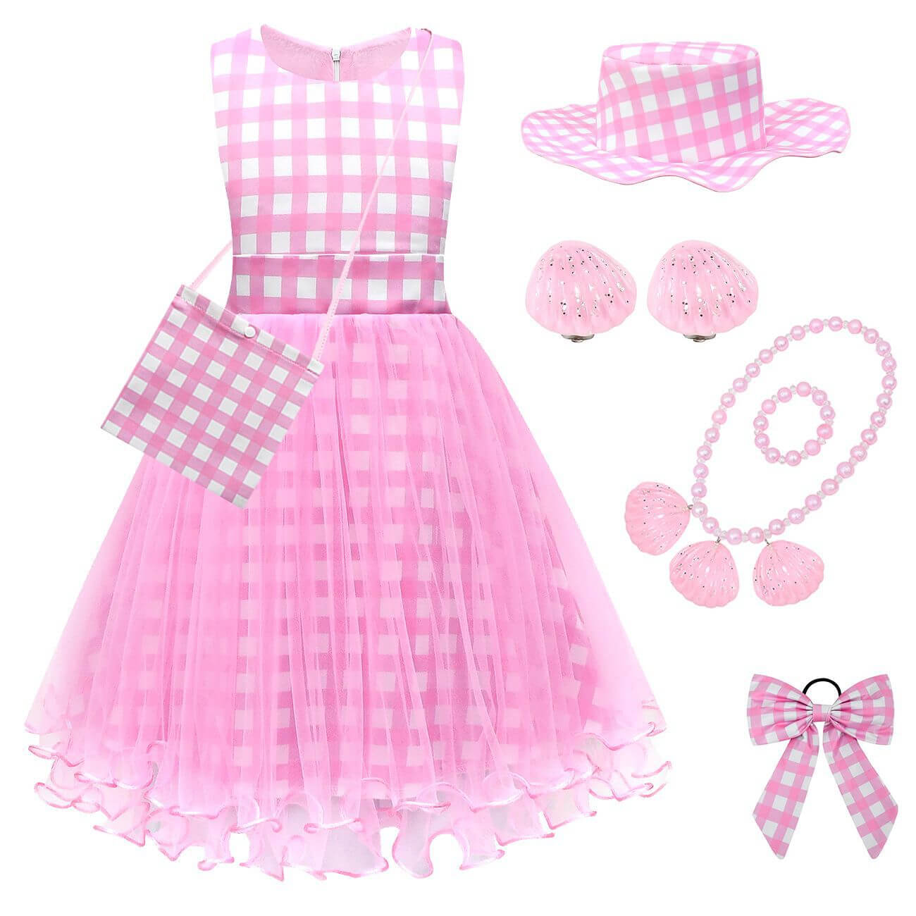 Girls Pink Dress Plaid Lace Ball Gown Party Costume with Accessories for Age 2T-8