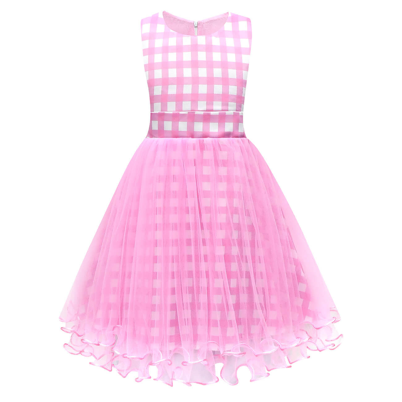 Girls Pink Dress Plaid Lace Ball Gown Party Costume with Accessories for Age 2T-8