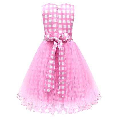 Girls Pink Dress Plaid Lace Ball Gown Party Costume with Accessories for Age 2T-8