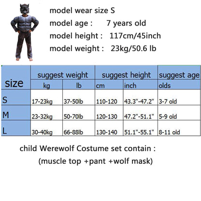 Child Muscle Wolf Suits Werewolf Costume with Mask for Boys Kids Halloween Monster Dress up