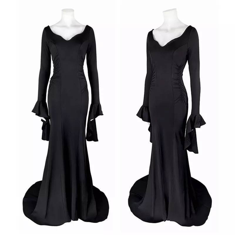 Morticia Addams Costume Floor Length Adult Evening Gown Black Gothic Dress