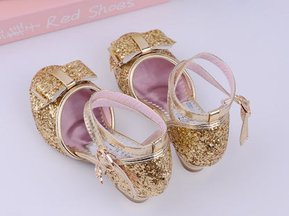 Girls Princess Glitter Bow Tie Shoes Mini Heels with Ankle Strap