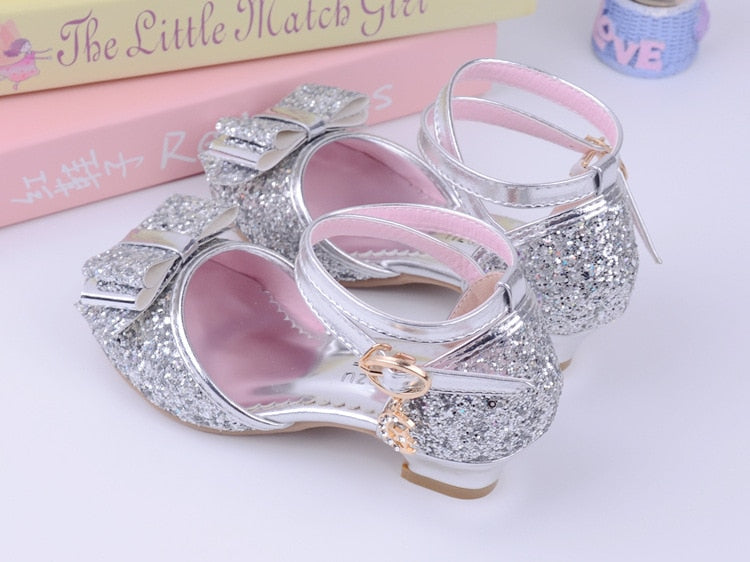 Girls Princess Glitter Bow Tie Shoes Mini Heels with Ankle Strap