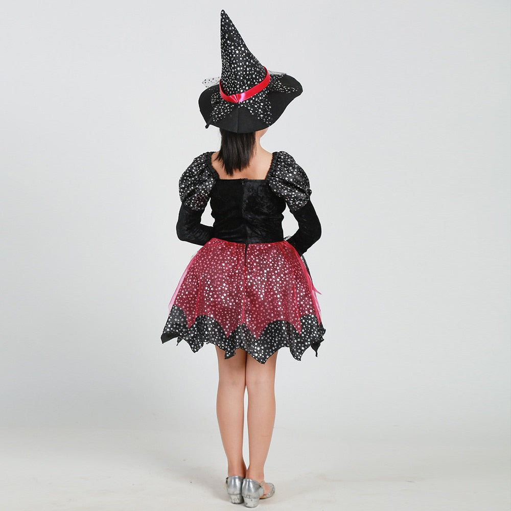 Kids Girls Halloween Costume Dress Hat Bag Stick Outfit 4Pcs