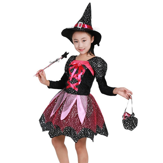 Kids Girls Halloween Costume Dress Hat Bag Stick Outfit 4Pcs