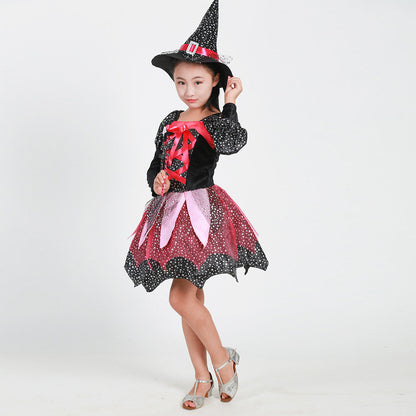 Kids Girls Halloween Costume Dress Hat Bag Stick Outfit 4Pcs