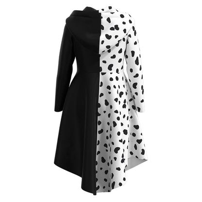 Cruella Deville Costume White and Black Cosplay Jacket Dress with Hood Halloween Cosplay Outfit