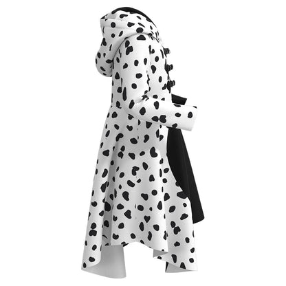 Cruella Deville Costume White and Black Cosplay Jacket Dress with Hood Halloween Cosplay Outfit