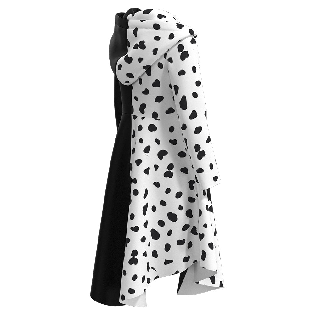 Cruella Deville Costume White and Black Cosplay Jacket Dress with Hood Halloween Cosplay Outfit