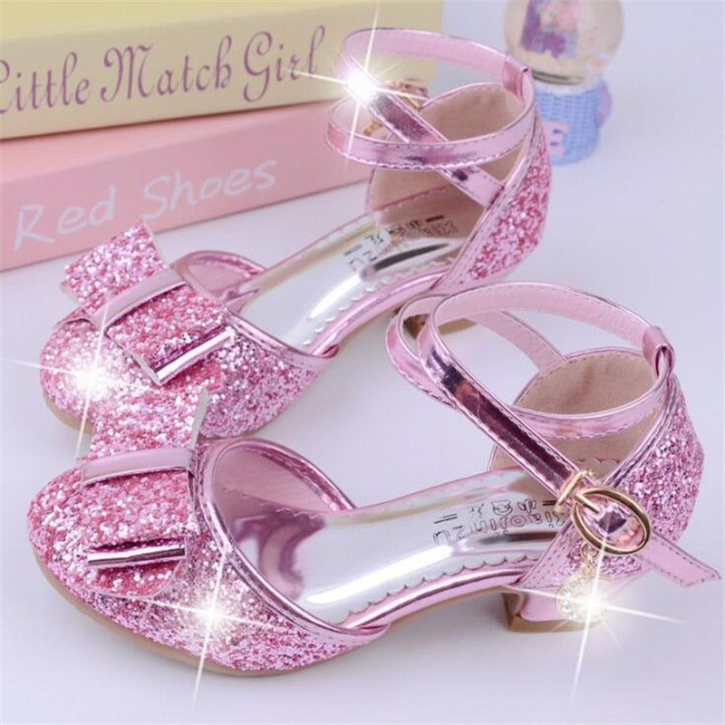 Girls Princess Glitter Bow Tie Shoes Mini Heels with Ankle Strap