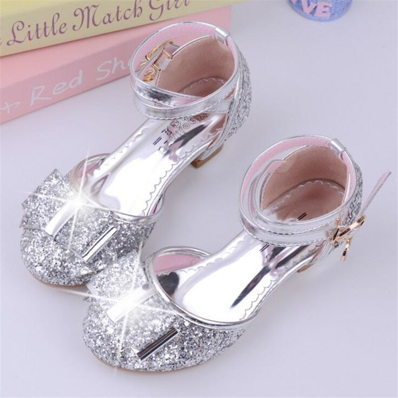 Girls Princess Glitter Bow Tie Shoes Mini Heels with Ankle Strap