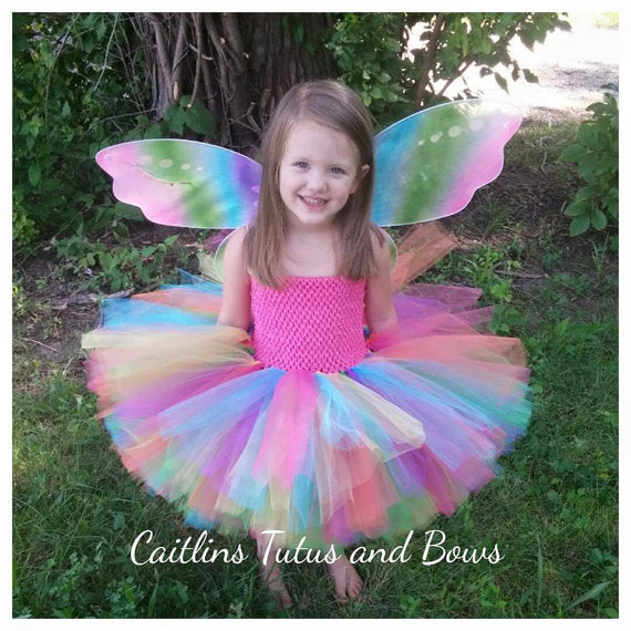 Girls Rainbow Tutu Dress Fluffy Tulle With Butterfly Wing Cosplay Costume